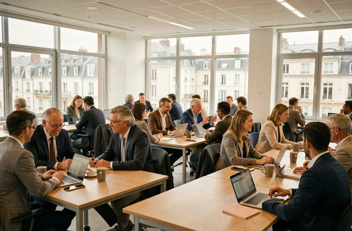 Vue d'ensemble d'un centre de formation professionnelle moderne dans les Pays de la Loire avec des apprenants adultes travaillant en groupe