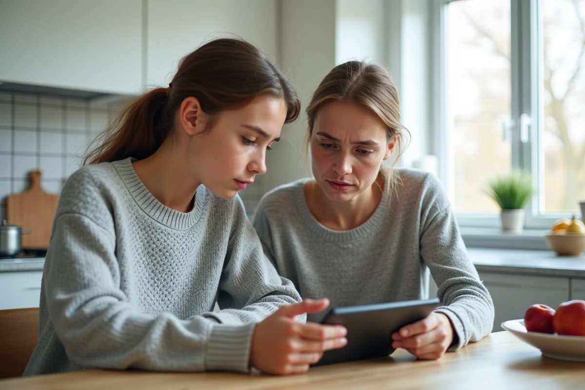 Mère aidant son enfant à résoudre un problème de connexion sur une plateforme scolaire en ligne