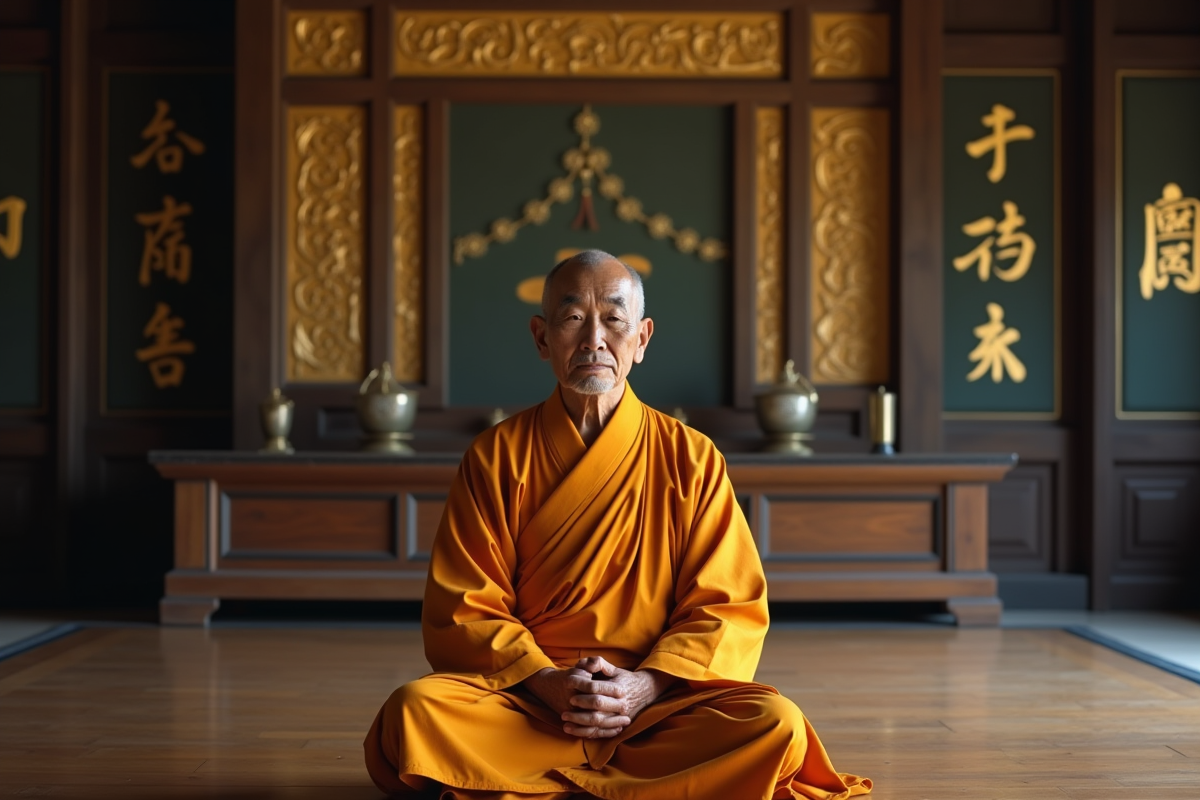 Moine japonais en méditation dans un temple ancien