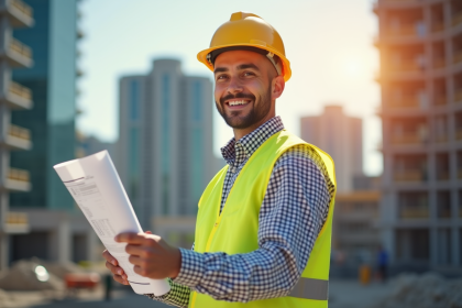 Ouvrier de construction souriant avec plans sur site urbain