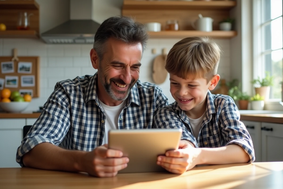 P&egrave;re et fils partageant une tablette dans la cuisine en famille