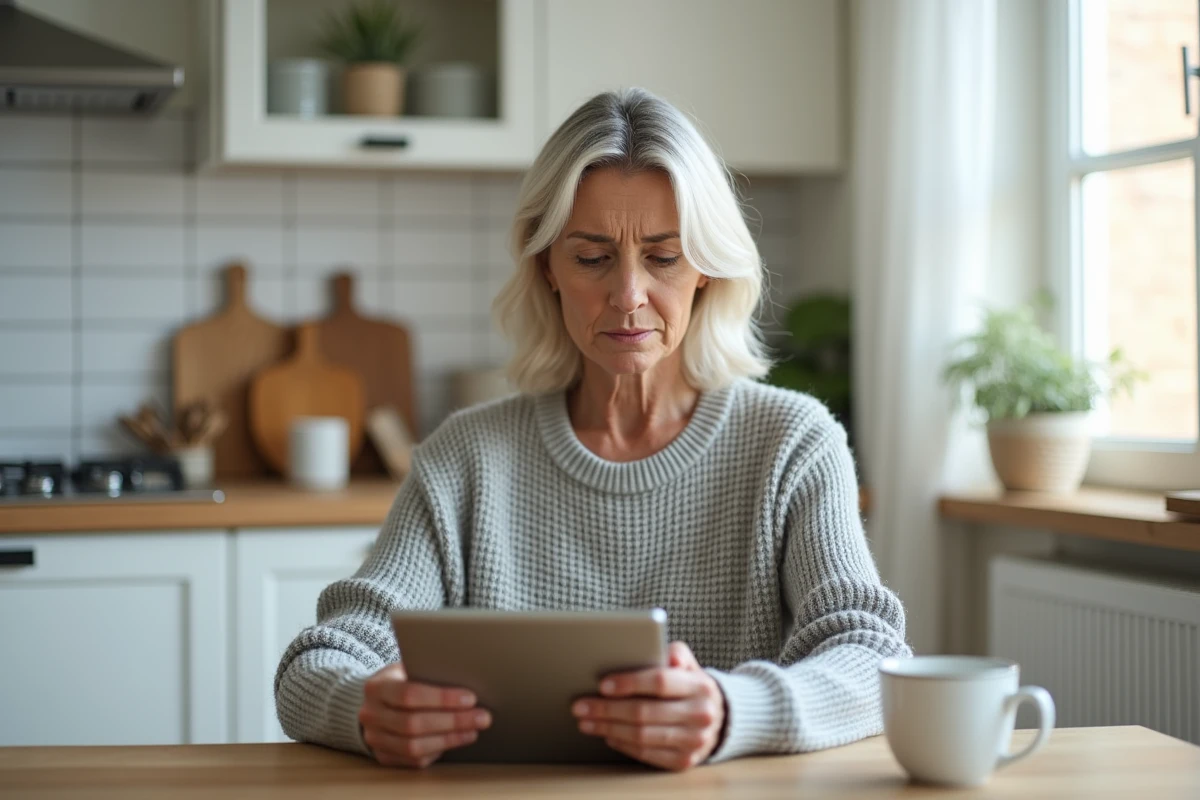 Parent d'élève consultante une erreur de connexion sur l'ENT77 depuis une tablette dans une cuisine moderne