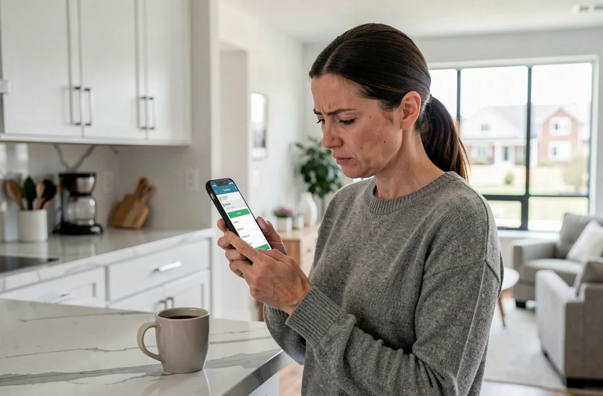 Mère de famille vérifiant les absences et résultats scolaires de son enfant sur l'application OZE 92 depuis son smartphone