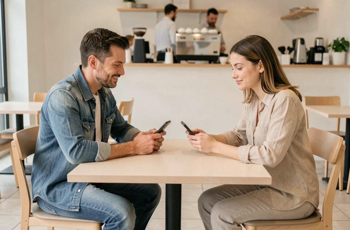 Parents séparés coordonnant ensemble le suivi scolaire numérique de leur enfant via leurs smartphones au café