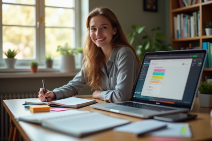 Personne souriante à un bureau organisé avec ordinateur et notes