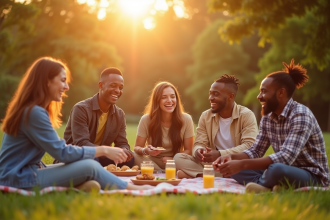 Groupe diversifié partageant un petit déjeuner en plein air au lever du soleil
