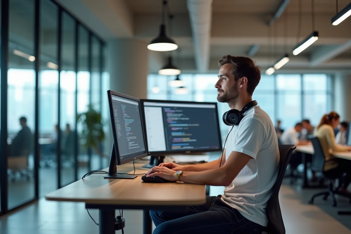Homme utilisant une plateforme d'apprentissage alternatif en ligne dans un espace de coworking moderne avec double écran et tableau de bord e-learning