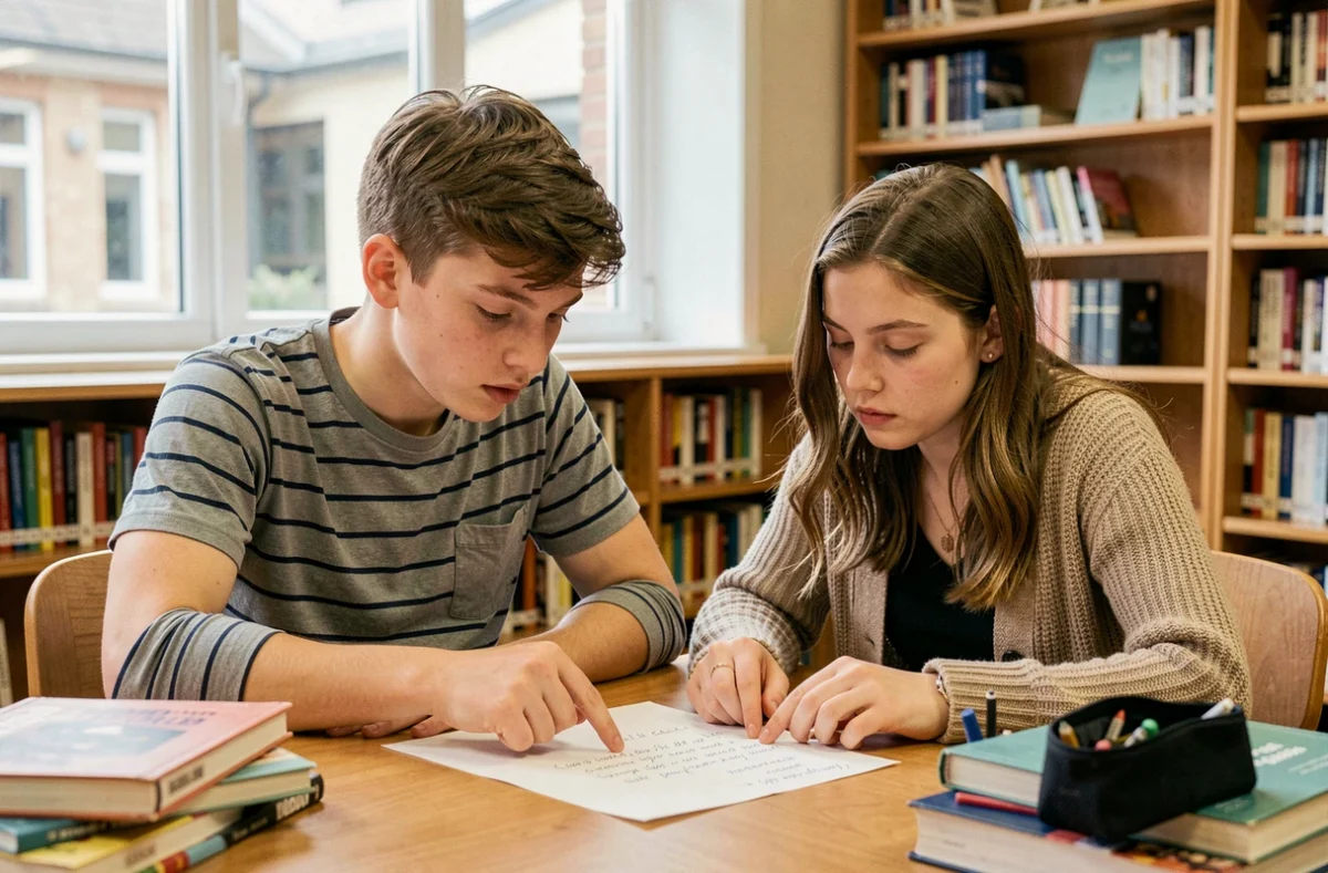 Deux élèves préparant ensemble un discours de délégué de classe dans une bibliothèque scolaire