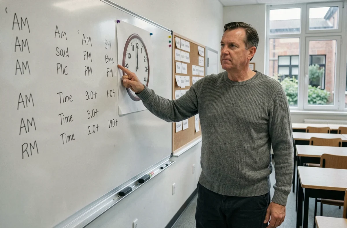 Professeur d'anglais expliquant la lecture de l'heure AM et PM devant un tableau blanc dans une salle de classe moderne
