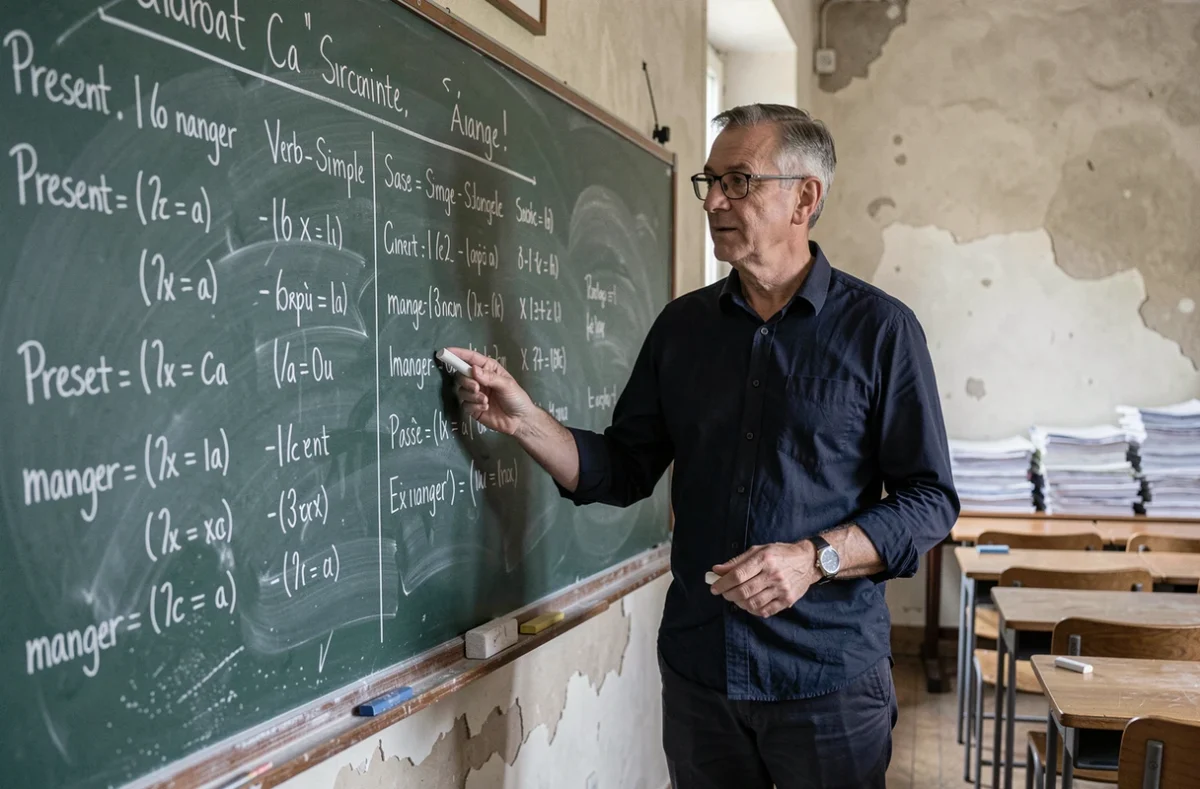 Professeur de français expliquant la conjugaison du verbe manger au passé simple devant un tableau noir