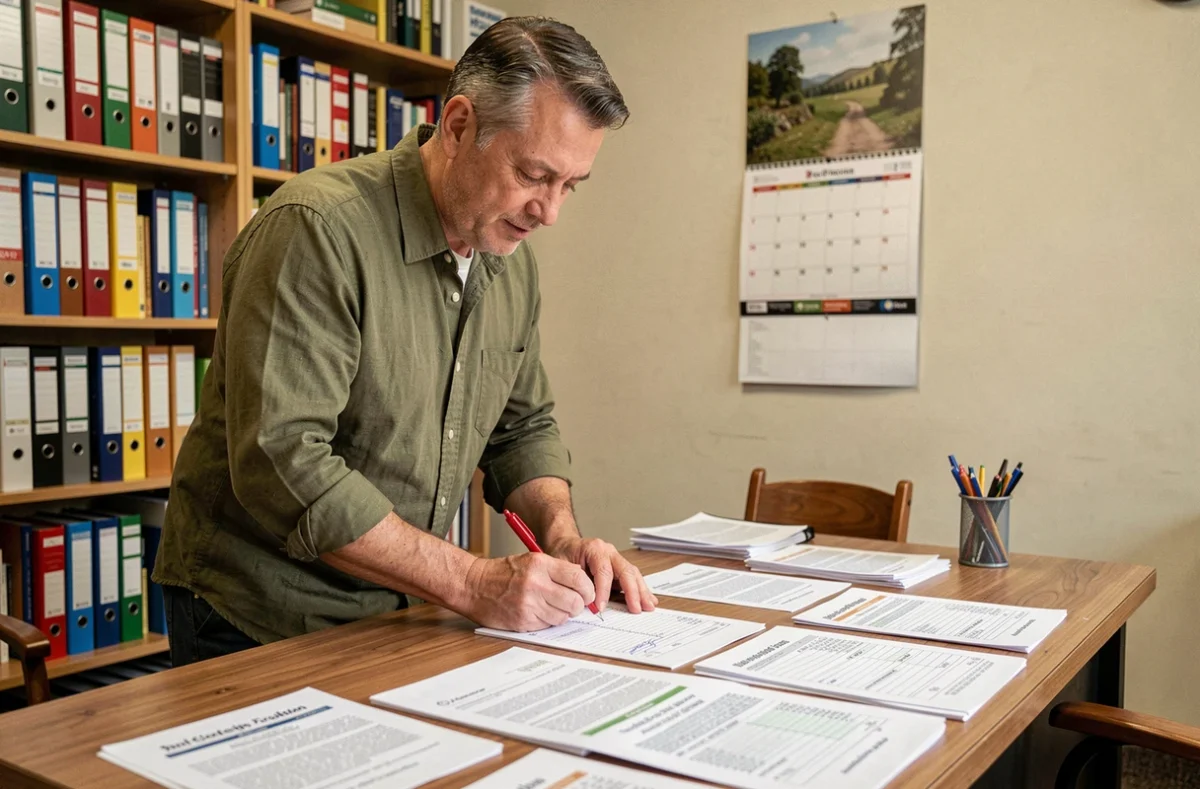Professeur corrigeant des devoirs surveillés et appliquant les coefficients de notation