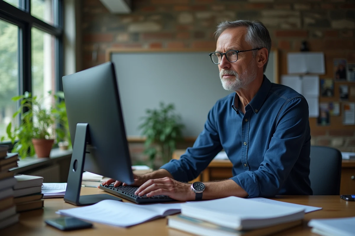 Professeur universitaire déposant des ressources pédagogiques sur une plateforme Moodle depuis son bureau de faculté