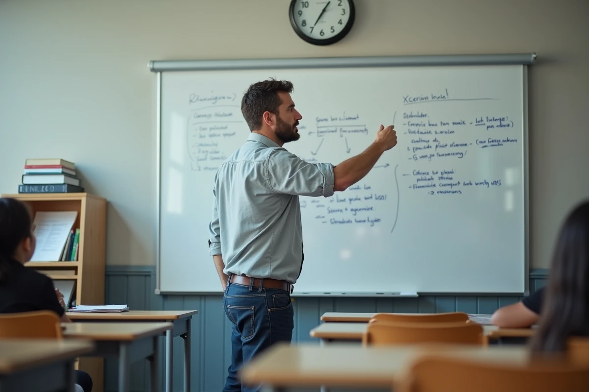 Professeur de français expliquant une figure de style au tableau blanc en classe