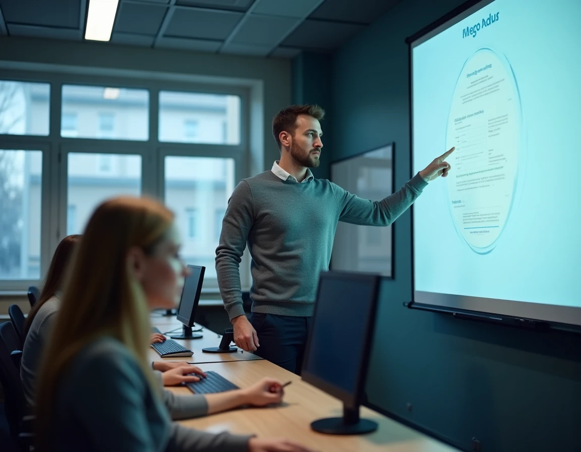Professeur de l'académie de Grenoble présentant la plateforme PIA à ses collègues dans une salle informatique scolaire