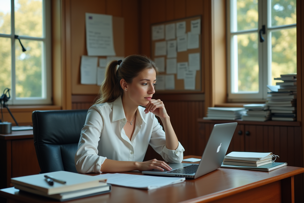 Professeure réfléchissant dans son bureau scolaire