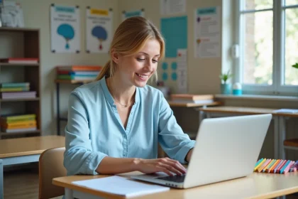 Professeure de coll&egrave;ge en classe avec ordinateur portable
