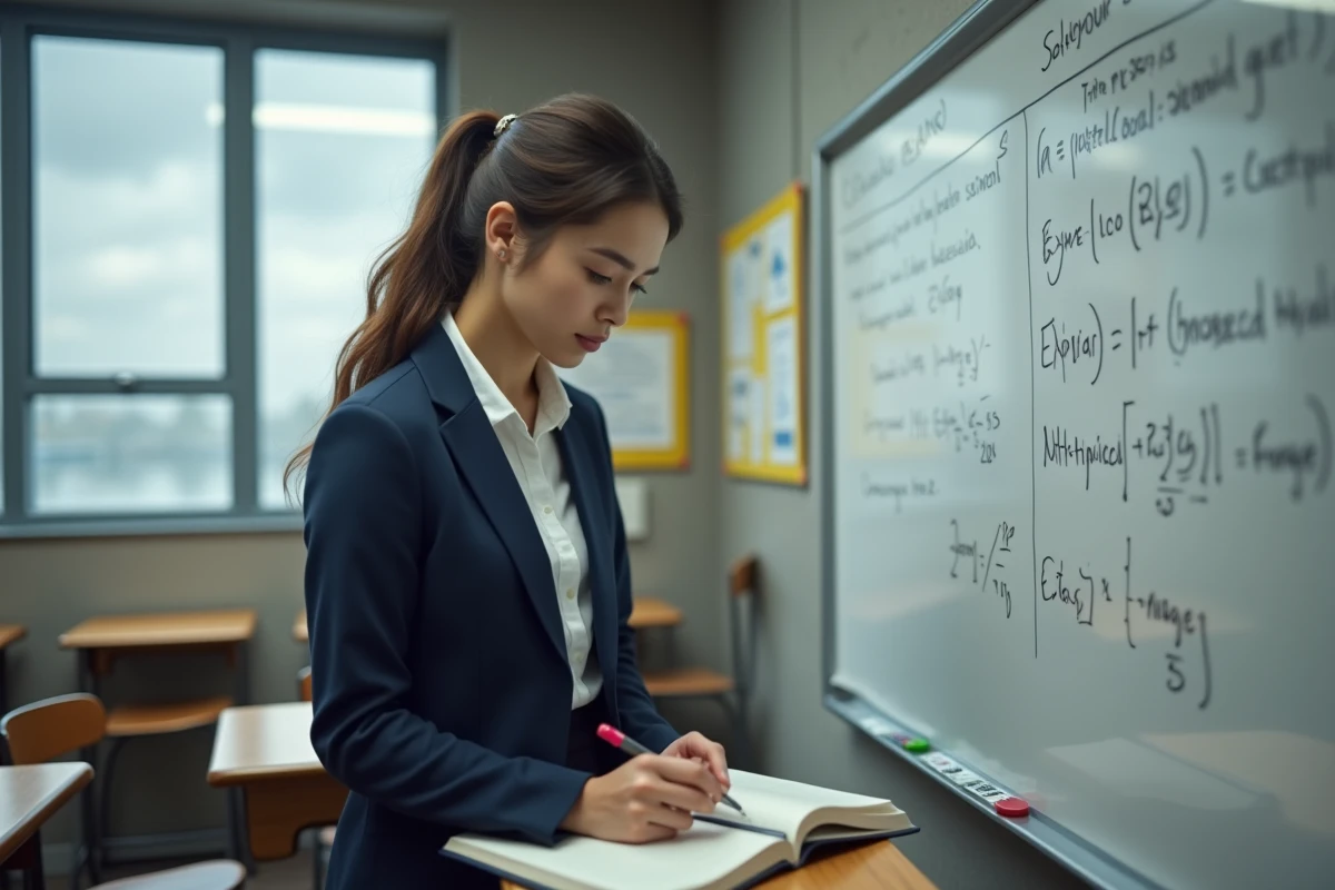 Jeune professeure débutante devant un tableau blanc rempli de notes dans une salle de classe de lycée public