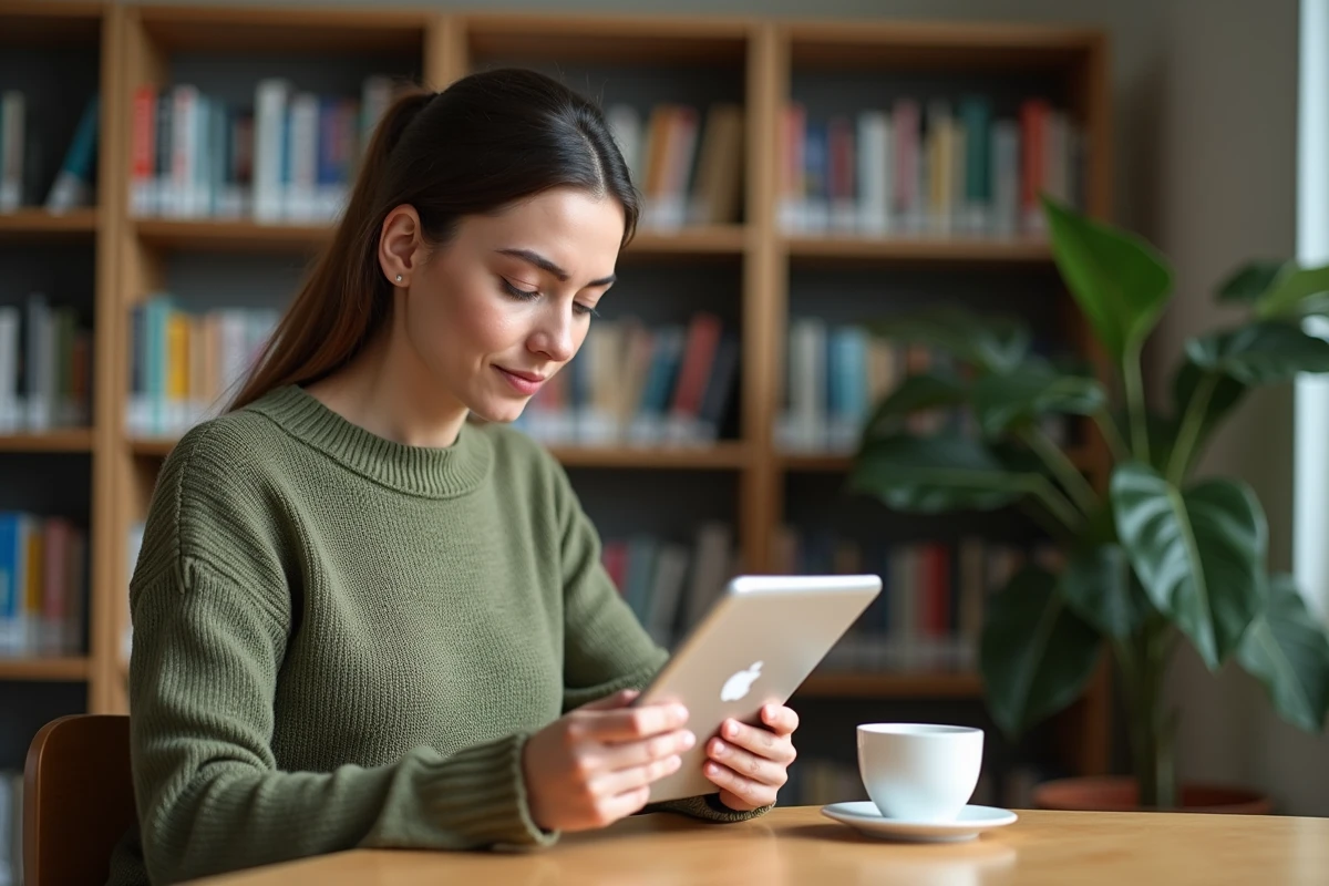 Professeure consultant l'application I-Prof sur tablette dans la bibliothèque d'un établissement scolaire de l'académie de Versailles