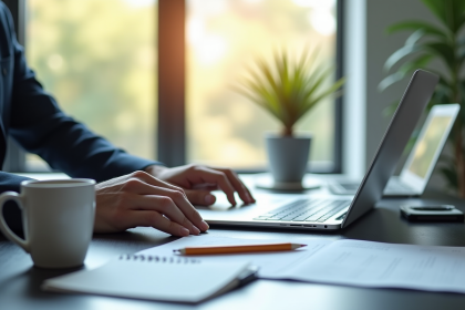 Professionnel d'affaires examinant des documents dans un bureau lumineux