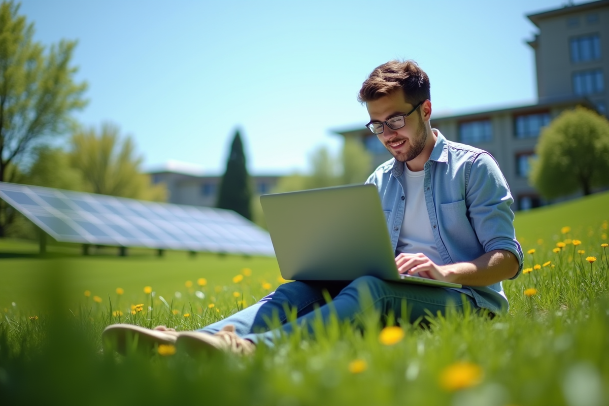 Professionnel travaillant sur un ordinateur en extérieur sur un campus écologique