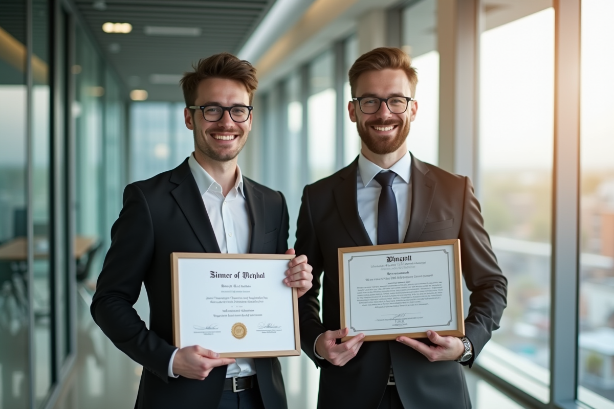 Deux professionnels souriants avec diplômes dans un bureau moderne