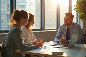 Professionnels en réunion dans un bureau lumineux
