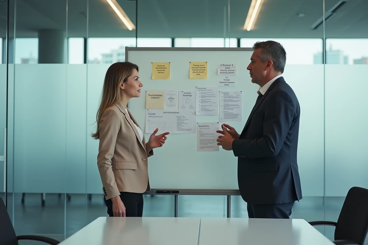 Deux professionnels discutant de la rentabilité d'un abonnement à un magazine de formation business devant un tableau blanc en salle de réunion