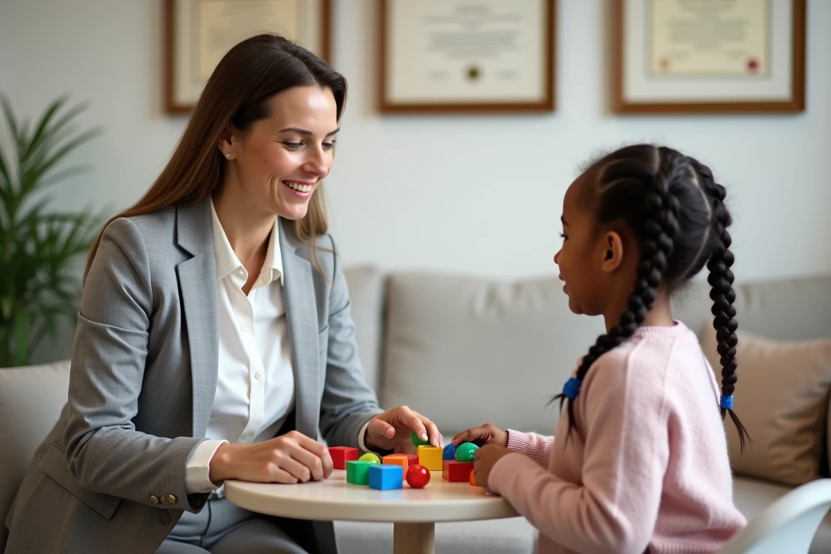 Psychologue pour enfants administrant un test de QI officiel avec des blocs de patterns à une jeune fille