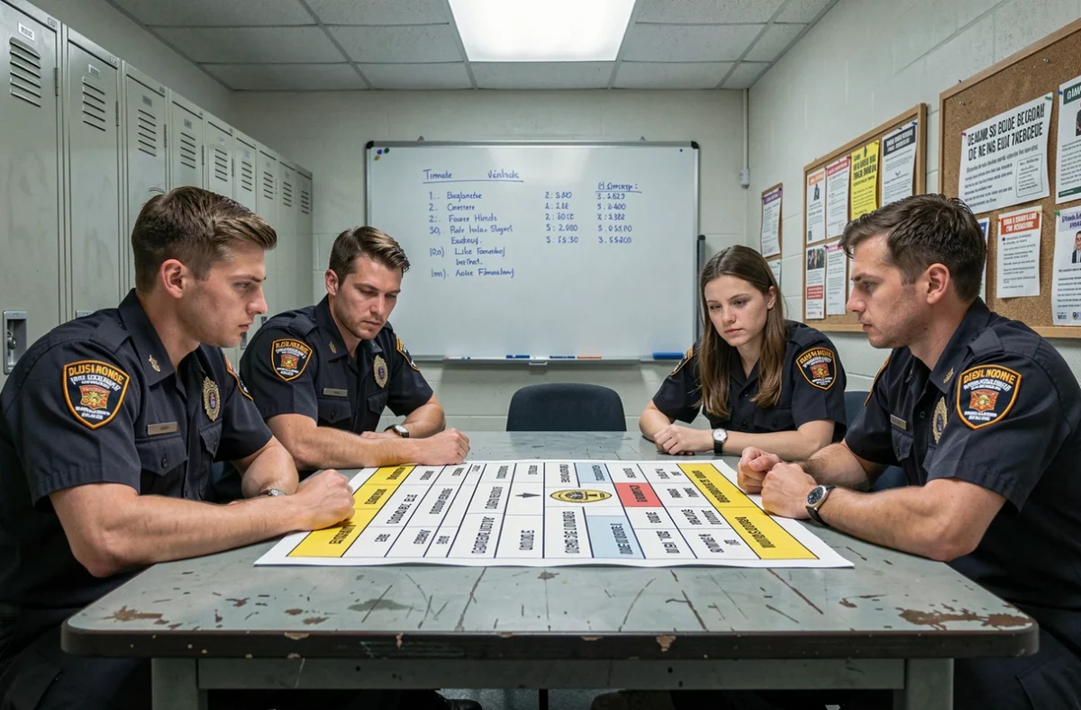 Groupe de recrues pompiers étudiant le tableau des grades et la hiérarchie lors d'une séance de formation en caserne