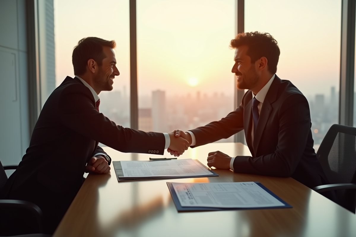 Deux personnes se serrant la main avec contrat de formation visible