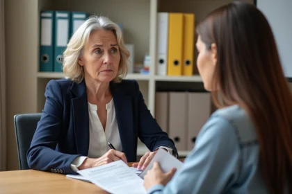Mère de famille rencontrant un conseiller scolaire pour discuter de l'orientation de son enfant en SEGPA ou ULIS