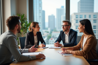 Groupe de quatre adultes en réunion de travail