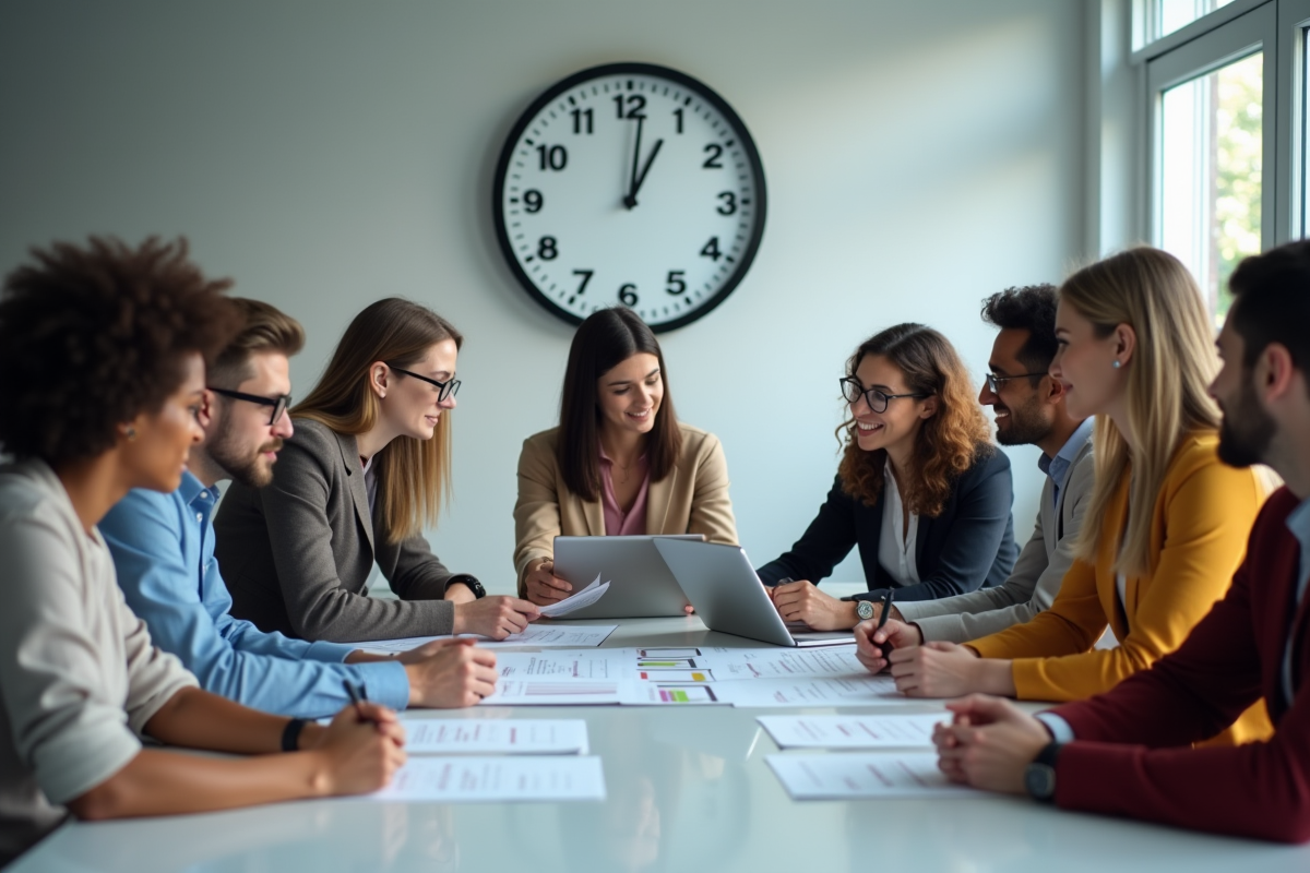 Groupe de professionnels discutant autour d une table dans un bureau lumineux