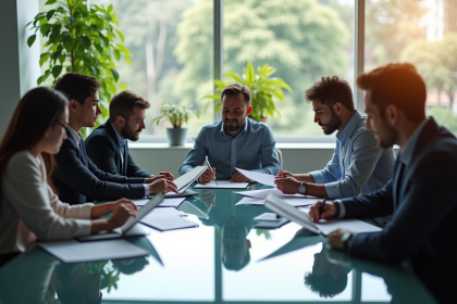 Groupe de professionnels collaborant autour d'une table moderne