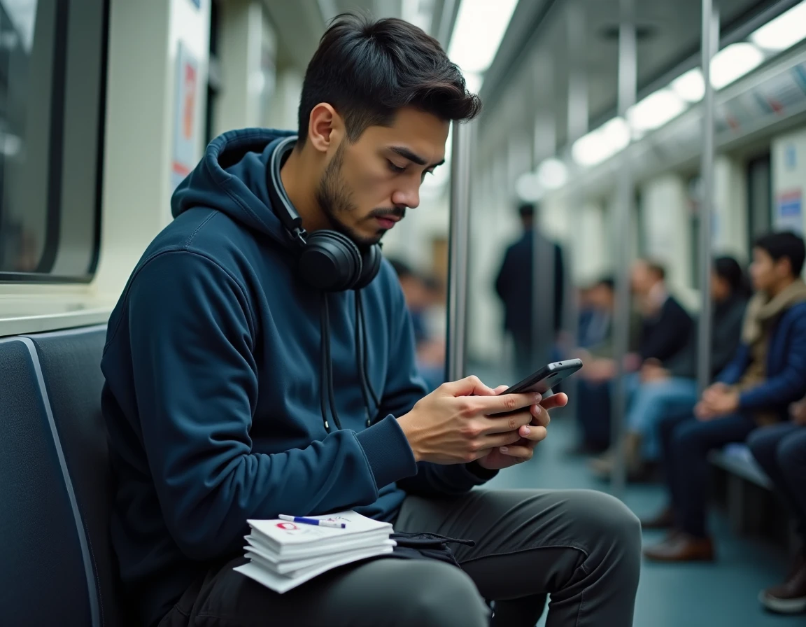 Homme en déplacement dans le métro révisant le TOEIC sur une application mobile avec des flashcards de vocabulaire anglais dans son sac