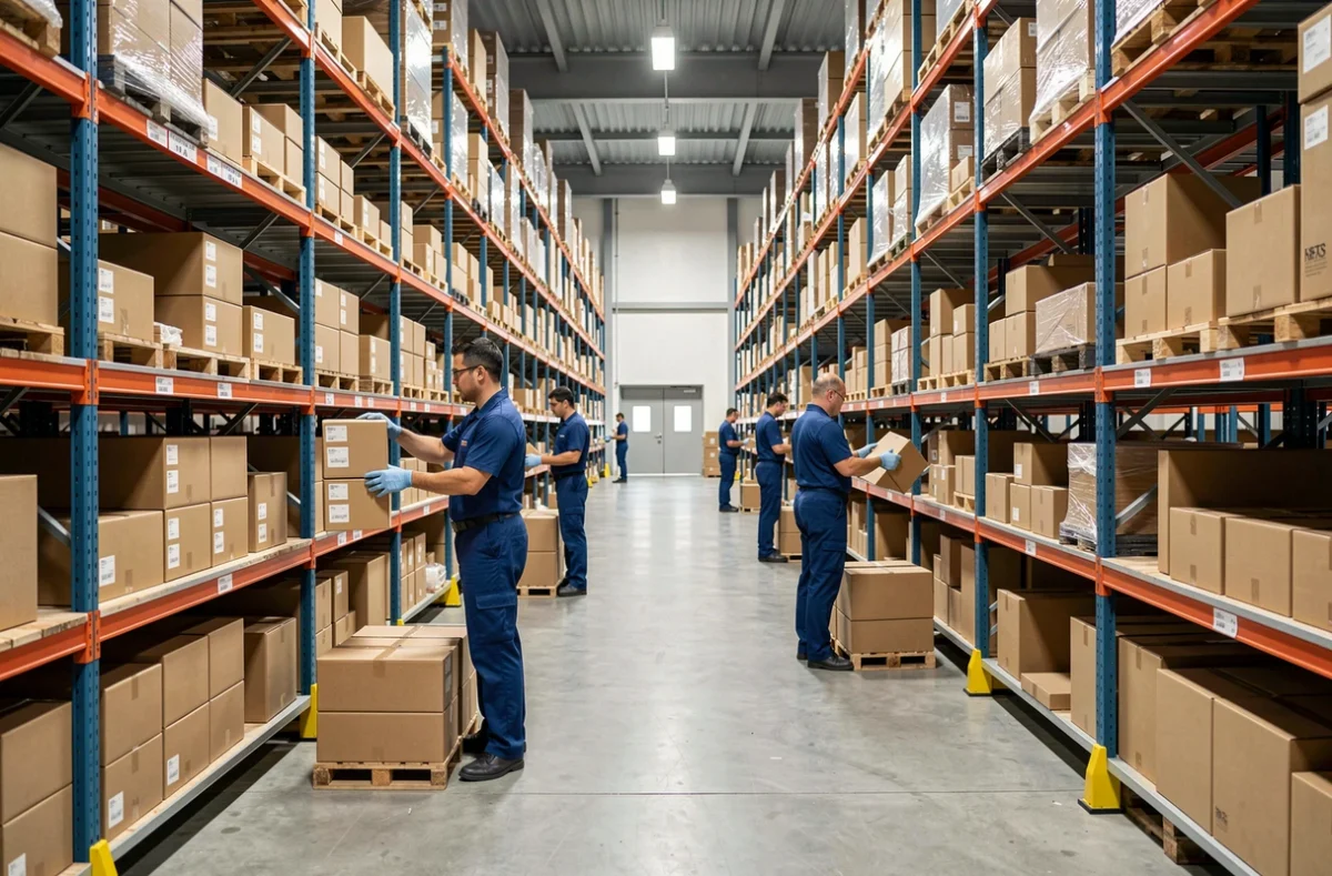 Salariés préparant des colis dans un entrepôt logistique