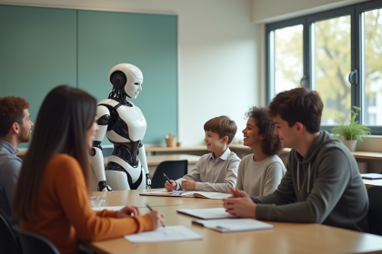 Classe moderne avec enseignant humain et robot en arrière-plan