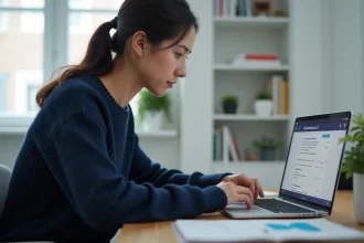 Femme sécurisant son compte en ligne avec un mot de passe fort sur un ordinateur portable dans un bureau à domicile