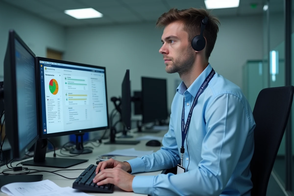 Technicien informatique résolvant un problème de connexion ENT77 dans un bureau administratif scolaire