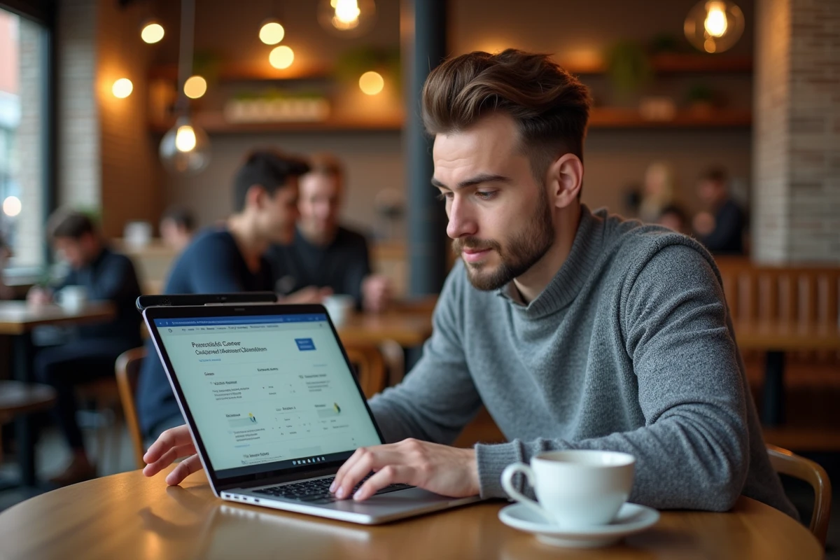 Personne consultant un test d'orientation de carrière en ligne sur un ordinateur portable dans un café